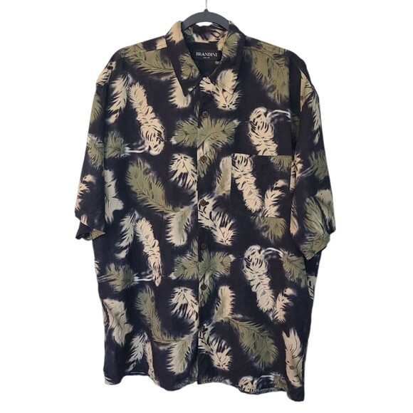 Brandini Mens XL 100% Silk Hawaiian Leaf Button Down Camp Shirt Travel Vacation - Picture 1 of 16